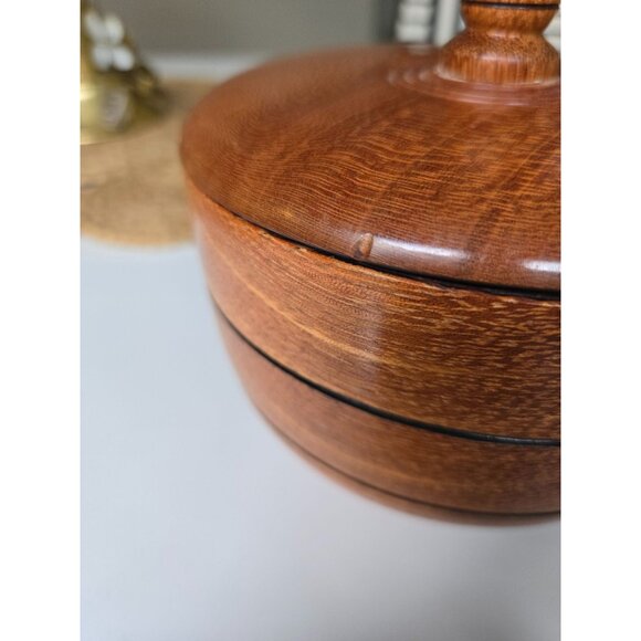 Handcrafted Round Wood Tobacco Jar With Finial Lid & Ridged Seal - Picture 2 of 10